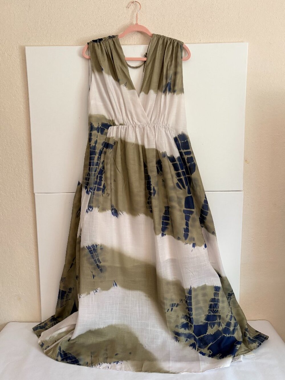 Ador Linen Like Green & White Tie-Dye Sleeveless Emporium Maxi Dress Size L